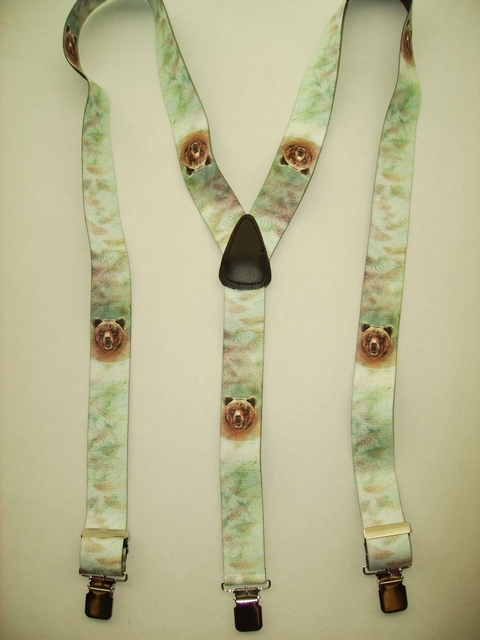 WILD LIFE BEAR "Y" Style 1 1/2" X 48" long. All Straps are stretchable Cotton/Polyester Hand Washable-Hang to Dry Material with Real Leather Patch, 3 Strong 1" x 1" High Polished Stainless Steel GRIPS and Two Secure Stainless Steel Adjusters. Fits 4' 8" to 6' 2" Average Build. Y-UB420N48WLBR